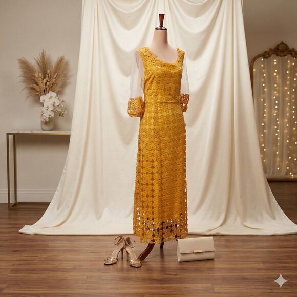 Dresses & Skirts - Golden Hour Glam: New Mustard Crochet Maxi Dress – Sheer Elegance! Size Large